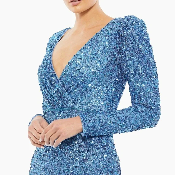 Mac Duggal Sparkling Blue Long Sleeve Dress - Picture 3 of 3